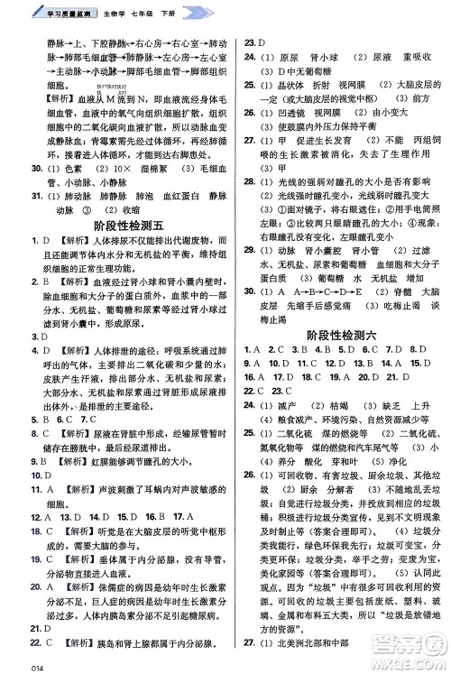 天津教育出版社2024年春学习质量监测七年级生物下册人教版参考答案