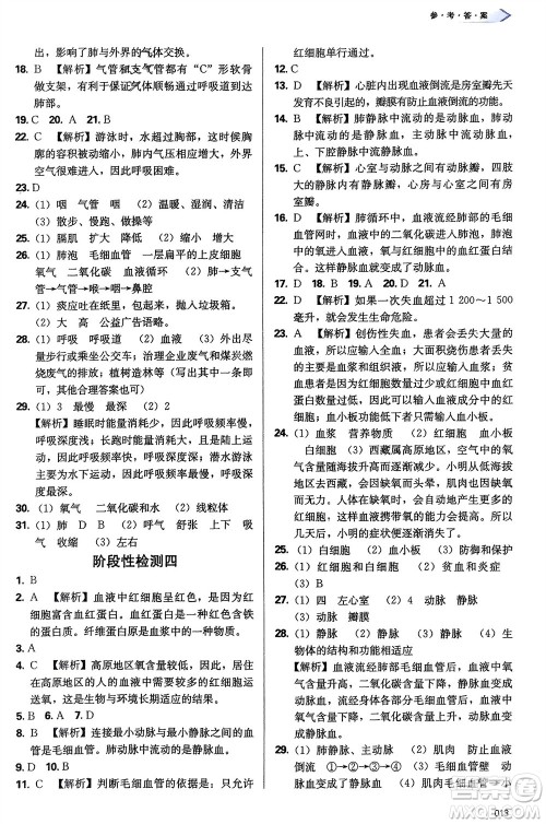 天津教育出版社2024年春学习质量监测七年级生物下册人教版参考答案