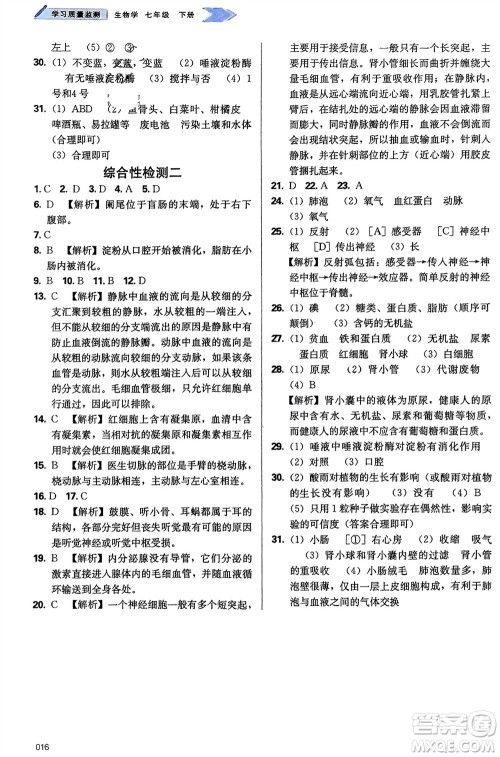 天津教育出版社2024年春学习质量监测七年级生物下册人教版参考答案