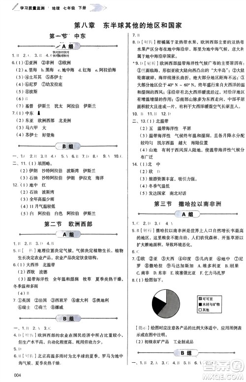 天津教育出版社2024年春学习质量监测七年级地理下册人教版参考答案