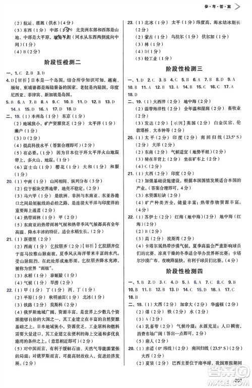 天津教育出版社2024年春学习质量监测七年级地理下册人教版参考答案