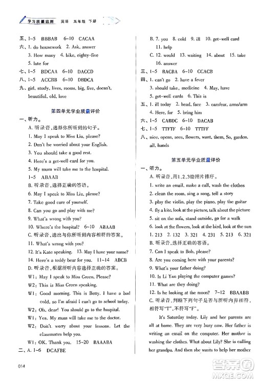 天津教育出版社2024年春学习质量监测五年级英语下册人教版答案