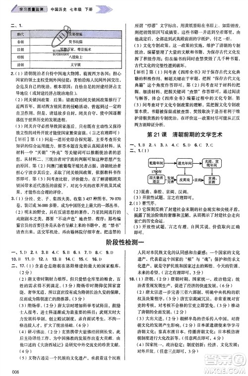 天津教育出版社2024年春学习质量监测七年级历史下册人教版参考答案