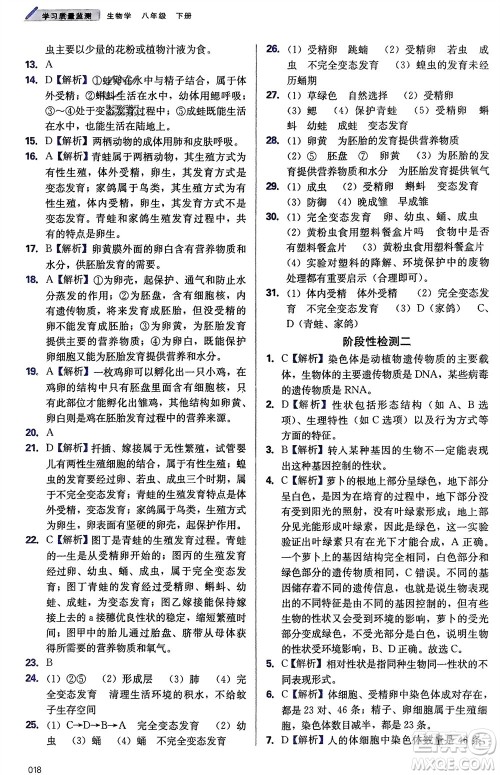 天津教育出版社2024年春学习质量监测八年级生物下册人教版参考答案