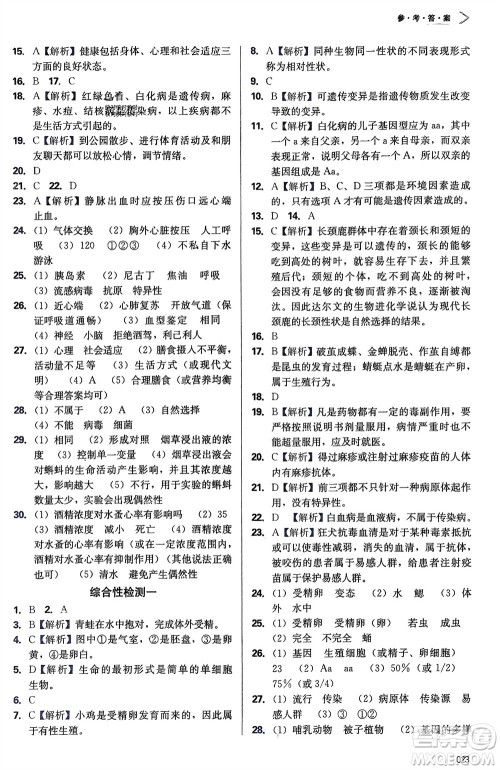 天津教育出版社2024年春学习质量监测八年级生物下册人教版参考答案