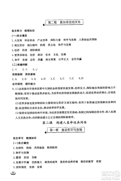 湖北教育出版社2024年春长江作业本同步练习册九年级道德与法治下册人教版答案