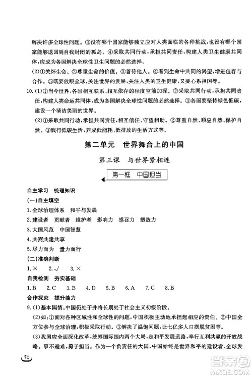 湖北教育出版社2024年春长江作业本同步练习册九年级道德与法治下册人教版答案