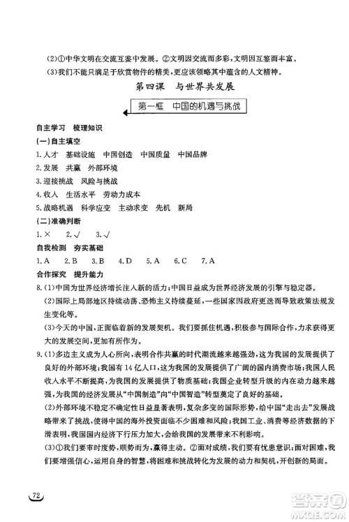 湖北教育出版社2024年春长江作业本同步练习册九年级道德与法治下册人教版答案