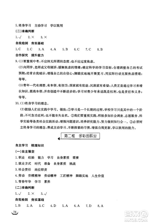 湖北教育出版社2024年春长江作业本同步练习册九年级道德与法治下册人教版答案