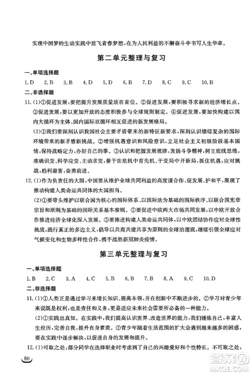 湖北教育出版社2024年春长江作业本同步练习册九年级道德与法治下册人教版答案