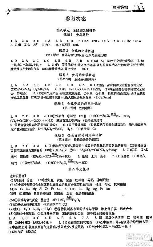 湖北教育出版社2024年春长江作业本同步练习册九年级化学下册人教版答案