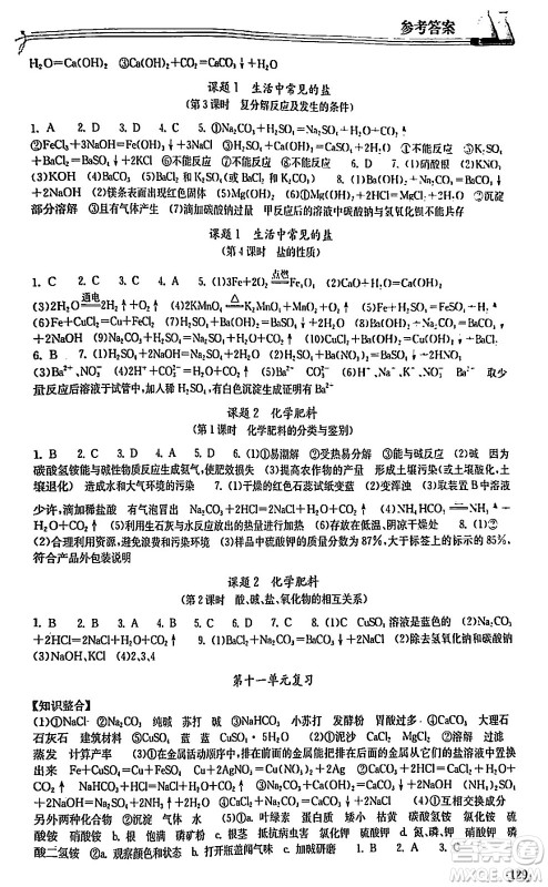 湖北教育出版社2024年春长江作业本同步练习册九年级化学下册人教版答案