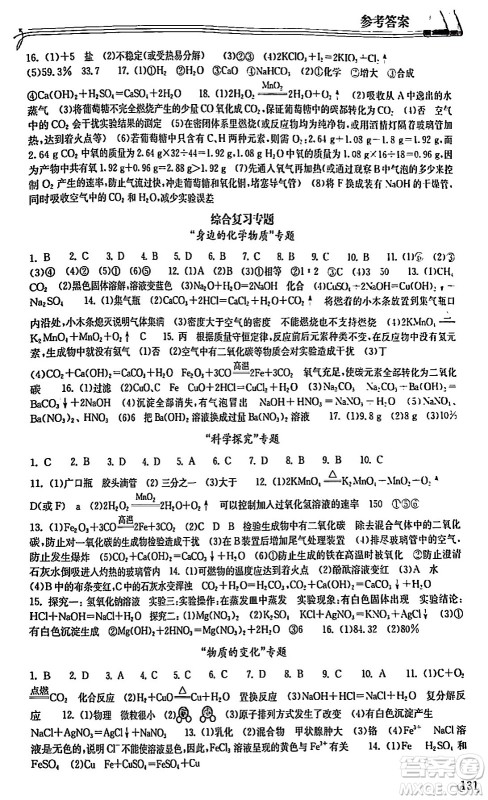 湖北教育出版社2024年春长江作业本同步练习册九年级化学下册人教版答案