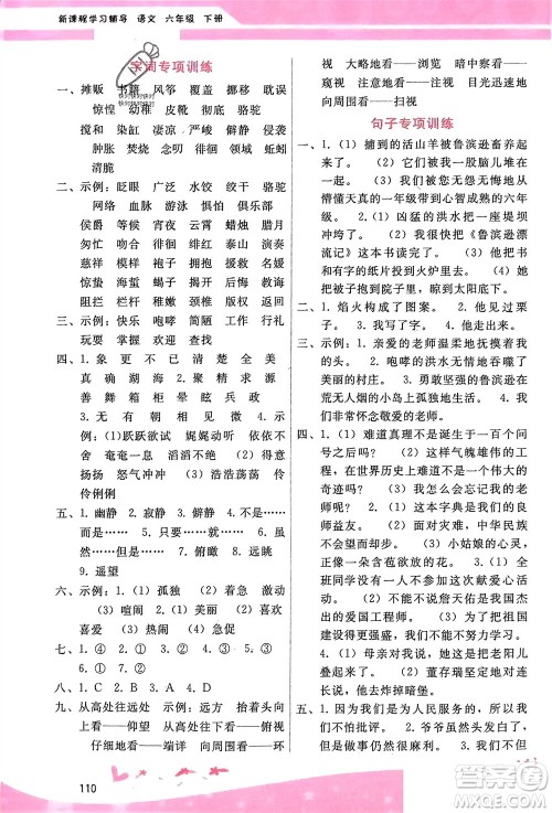 广西师范大学出版社2024年春自主与互动学习新课程学习辅导六年级语文下册通用版参考答案