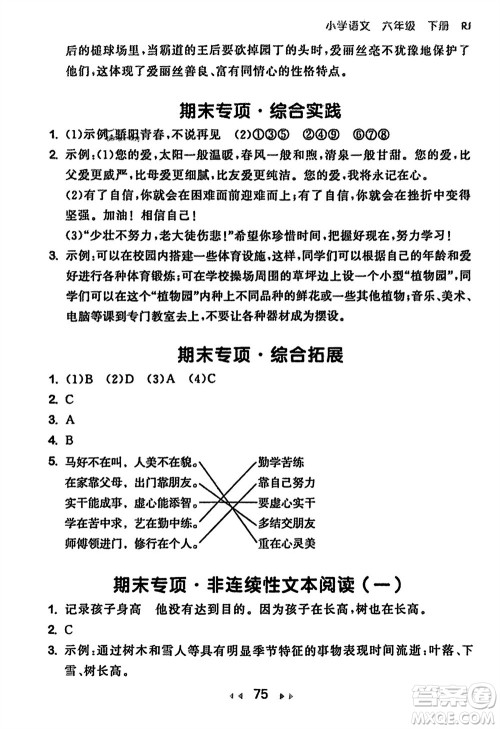 首都师范大学出版社2024年春53随堂测六年级语文下册人教版参考答案