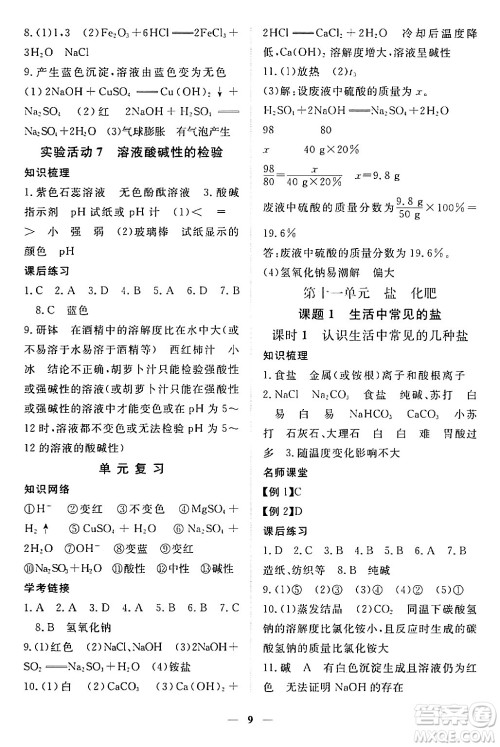 江西人民出版社2024年春一课一练创新练习九年级化学下册人教版答案