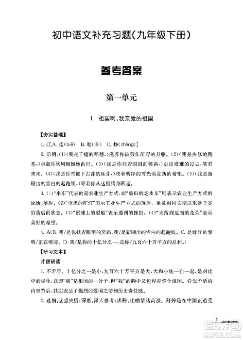 江苏凤凰教育出版社2024年春语文补充习题九年级语文下册通用版答案