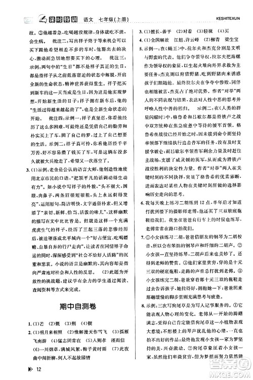 浙江人民出版社2024年春课时特训七年级语文下册人教版答案