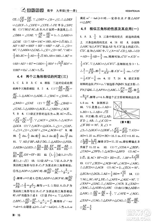 浙江人民出版社2024年春课时特训九年级数学全一册浙教版答案