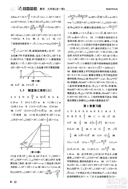 浙江人民出版社2024年春课时特训九年级数学全一册浙教版答案