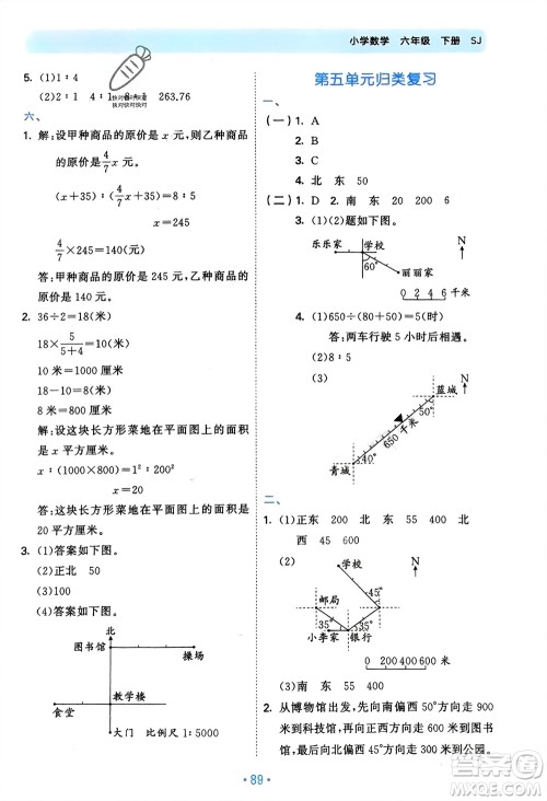 首都师范大学出版社2024年春53单元归类复习六年级数学下册苏教版参考答案