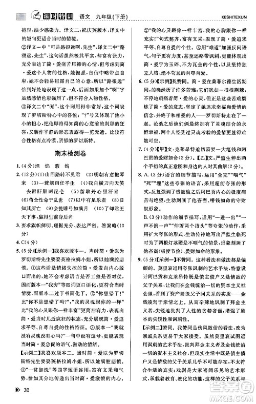 浙江人民出版社2024年春课时特训九年级语文下册人教版答案 浙江人民出版社2024年春课时特训九年级语文下册人教版答案