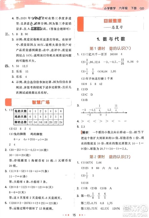 教育科学出版社2024年春53天天练六年级数学下册青岛版参考答案