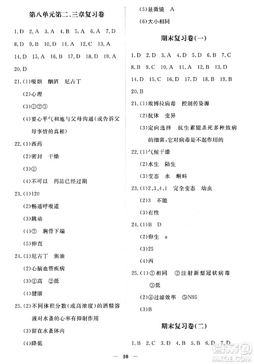 江西人民出版社2024年春一课一练创新练习八年级生物下册人教版答案