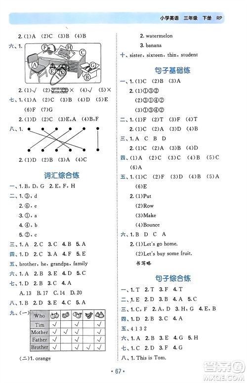 首都师范大学出版社2024年春53单元归类复习三年级英语下册人教版参考答案