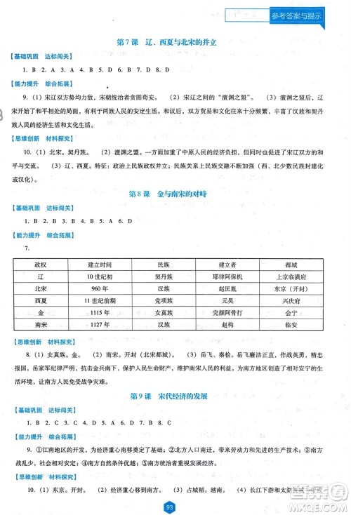 辽海出版社2024年春新课程能力培养七年级历史下册人教版D版大连专版参考答案