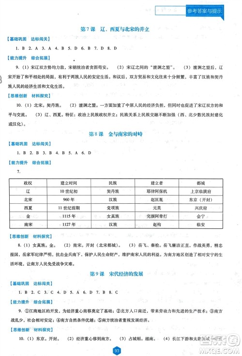 辽海出版社2024年春新课程能力培养七年级历史下册人教版D版大连专版参考答案