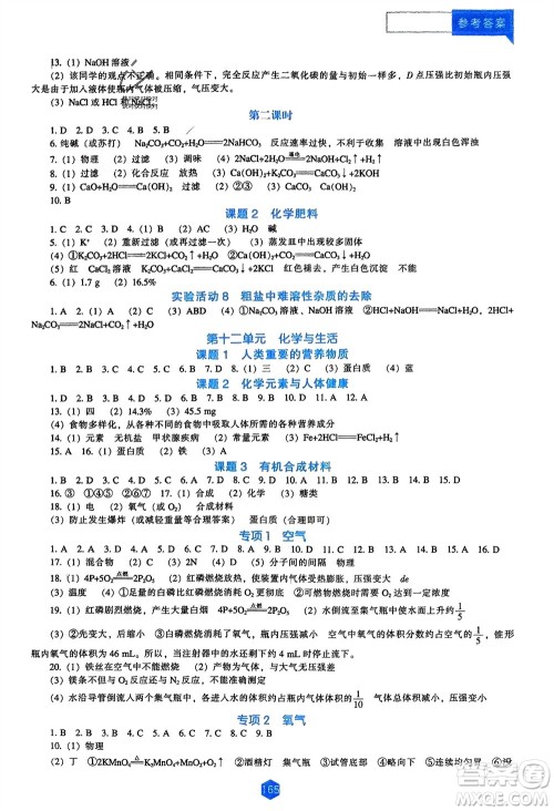 辽海出版社2024年春新课程能力培养九年级化学下册人教版D版大连专版参考答案