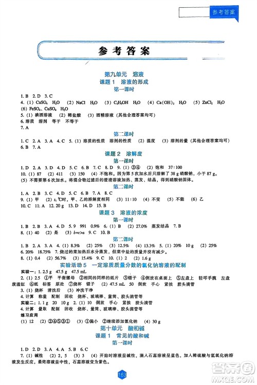辽海出版社2024年春新课程能力培养九年级化学下册人教版D版大连专版参考答案