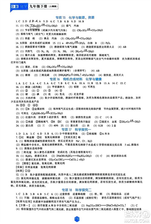 辽海出版社2024年春新课程能力培养九年级化学下册人教版D版大连专版参考答案