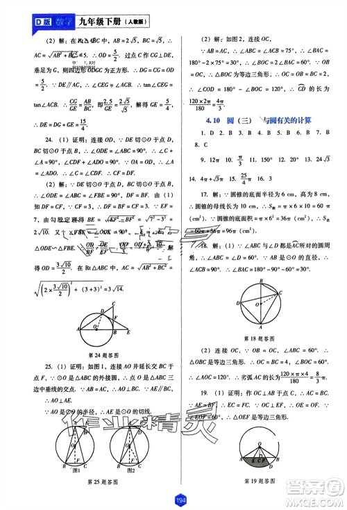 辽海出版社2024年春新课程能力培养九年级数学下册人教版D版大连专版参考答案