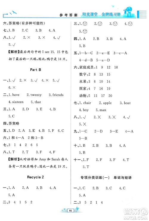 人民教育出版社2024年春阳光课堂金牌练习册三年级英语下册人教版答案