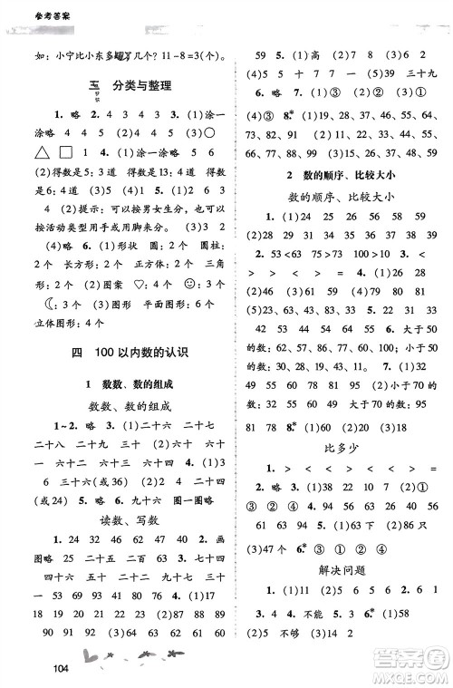 广西师范大学出版社2024年春自主与互动学习新课程学习辅导一年级数学下册人教版参考答案