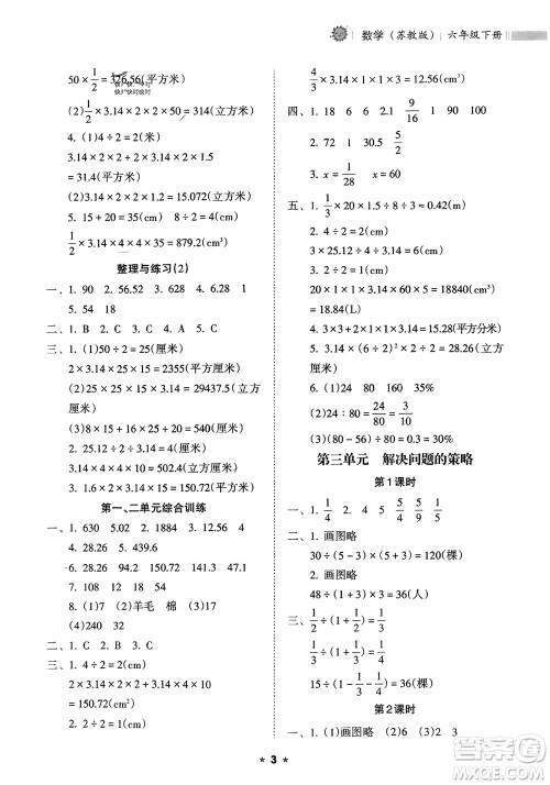 海南出版社2024年春新课程课堂同步练习册六年级数学下册苏教版参考答案