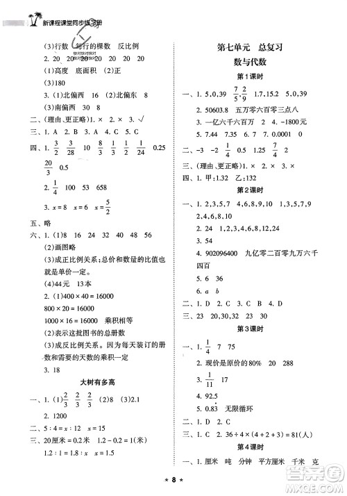 海南出版社2024年春新课程课堂同步练习册六年级数学下册苏教版参考答案