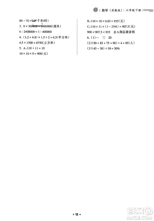 海南出版社2024年春新课程课堂同步练习册六年级数学下册苏教版参考答案