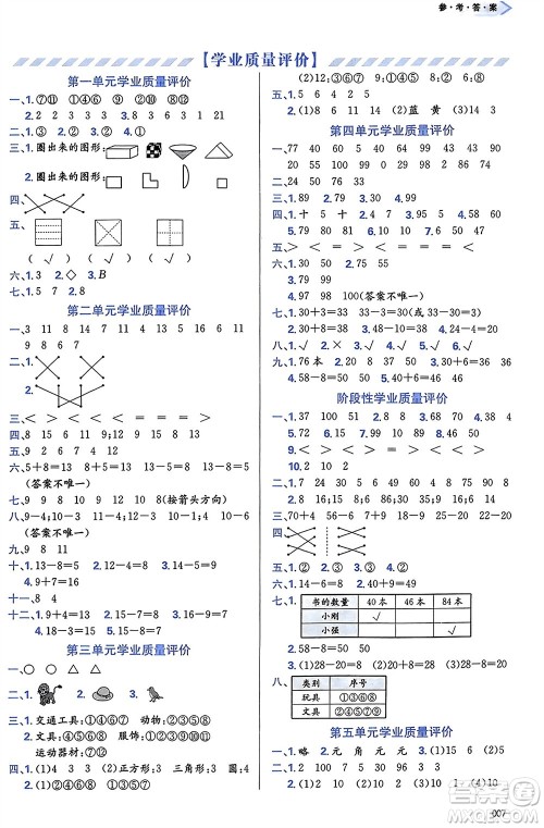 天津教育出版社2024年春学习质量监测一年级数学下册人教版参考答案