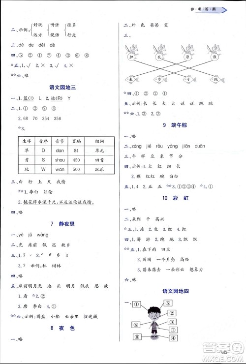 天津教育出版社2024年春学习质量监测一年级语文下册人教版参考答案