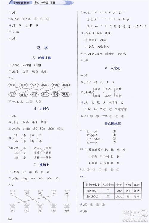 天津教育出版社2024年春学习质量监测一年级语文下册人教版参考答案