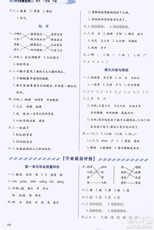 天津教育出版社2024年春学习质量监测一年级语文下册人教版参考答案