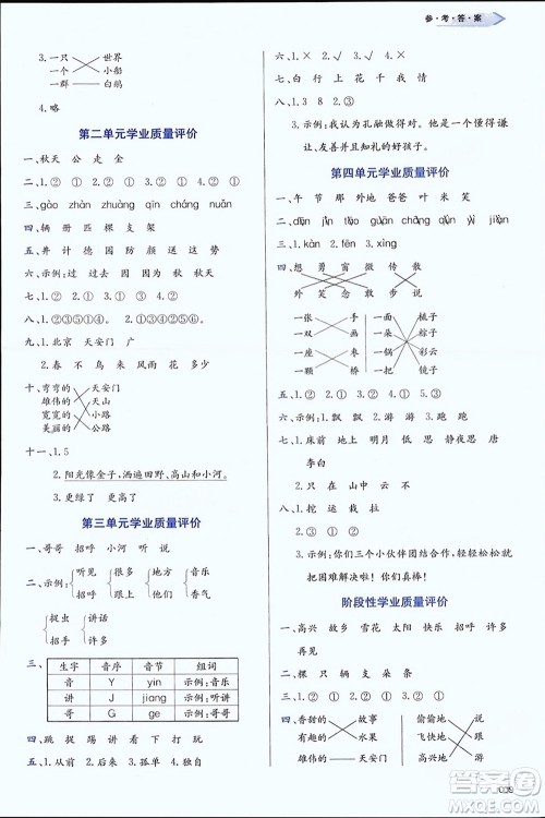 天津教育出版社2024年春学习质量监测一年级语文下册人教版参考答案