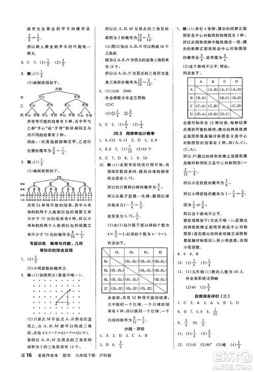 阳光出版社2024年春全品作业本九年级数学下册沪科版安徽专版答案