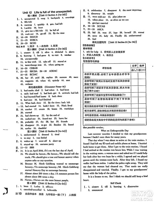 阳光出版社2024年春全品作业本九年级英语下册人教版答案