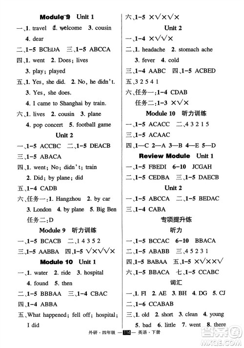 长江出版社2024年春状元成才路创优作业100分四年级英语下册外研版参考答案 长江出版社2024年春状元成才路创优作业100分四年级英语下册外研版参考答案