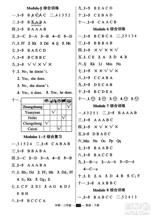 长江出版社2024年春状元成才路创优作业100分三年级英语下册外研版参考答案
