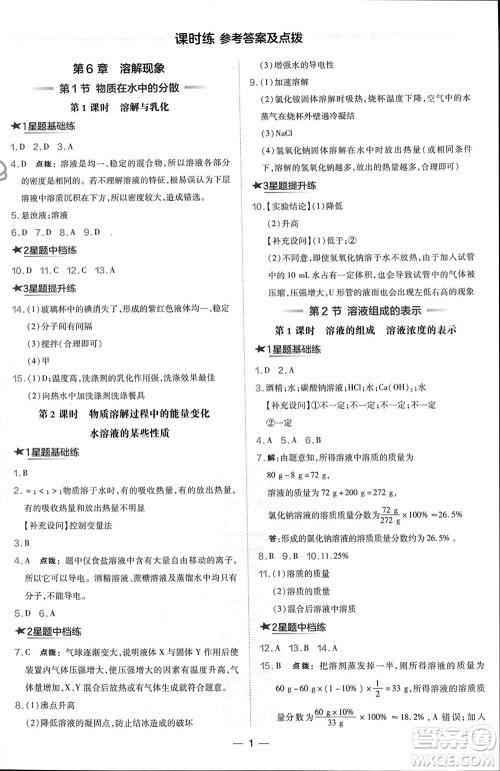 山西教育出版社2024年春荣德基点拨训练九年级化学下册沪教版参考答案